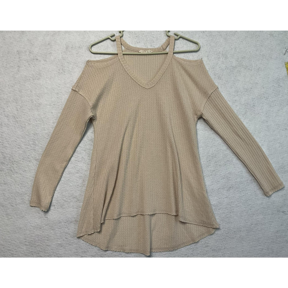 Bear Dance Sweater Womens Small Beige Cold‎ Shoulder Waffle Knit Pullover Top